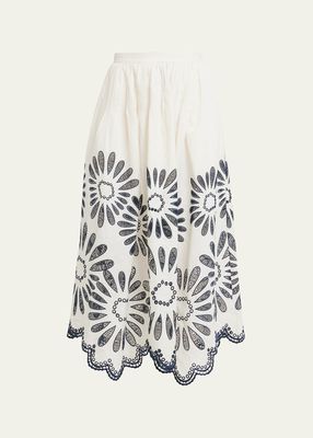 Annisa Embroidered Linen Cotton Scalloped Midi Skirt