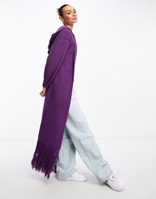Annorlunda chunky cable knit slouchy tassel hem cardigan in purple