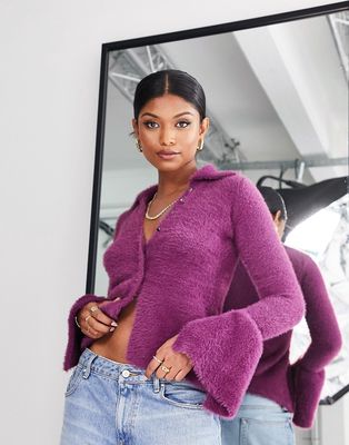 Annorlunda eyelash knit fluffy cardigan in purple