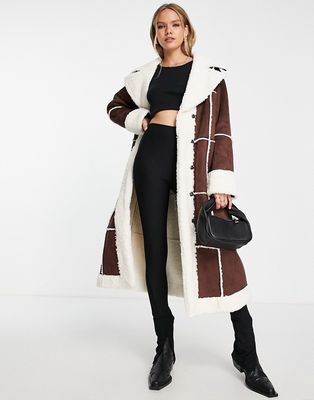 Annorlunda faux shearling maxi coat in dark chocolate-Multi