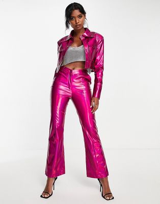 Annorlunda holographic faux leather curved waist pants in magenta - part of a set-Purple