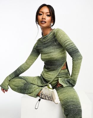 Annorlunda knitted asymmetric top with flare sleeves in olive stripe ombre - part of a set-Green