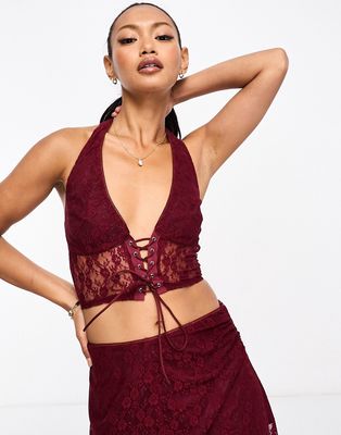 Annorlunda lattice detail top in burgundy floral lace - part of a set-Purple