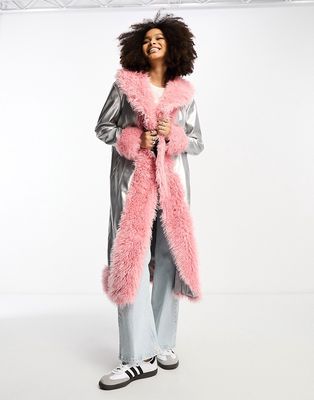 Annorlunda metallic faux shearling edged coat in silver and pink-Multi