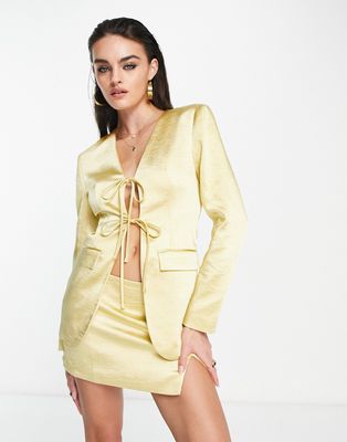 Annorlunda satin exaggerated shoulder tie front blazer in gold - part of a set