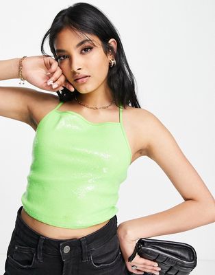 Annorlunda strappy back sequin crop top in lime-Green