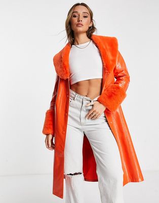 Annorlunda vinyl faux fur trim jacket in orange