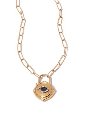 Annoushka 18kt yellow gold Lovelock evil eye diamond and sapphire charm on 14kt yellow gold mini cable chain necklace