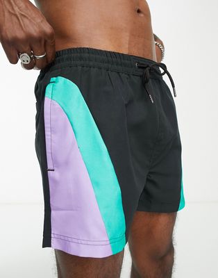 Another Influence color block swim shorts in black purple and aqua-Multi