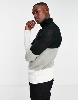 Another Influence colorblock roll neck sweater in black, gray & white