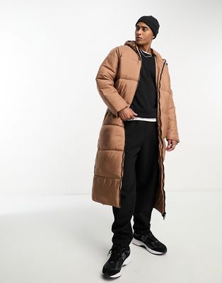 Another Influence longline puffer jacket with hood in beige-Brown