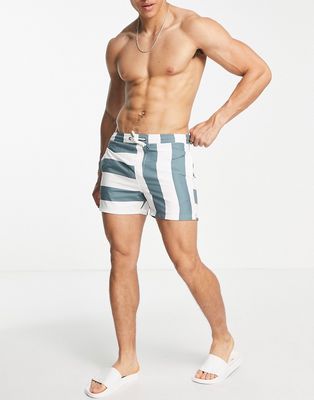 Another Influence swim shorts in green contrast stripe print-Gray