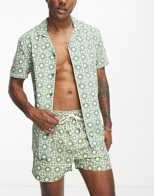 Another Influence tile print beach shirt in green - part of a set