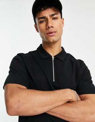 Another Influence zip collar polo in black