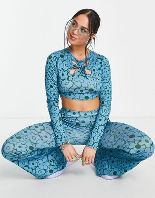 Another Reason cut out crop top in blue retro floral - part of a set