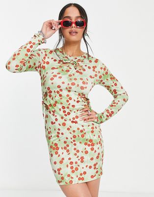 Another Reason long sleeve mini body-conscious dress with waist cut outs in floral print-Multi