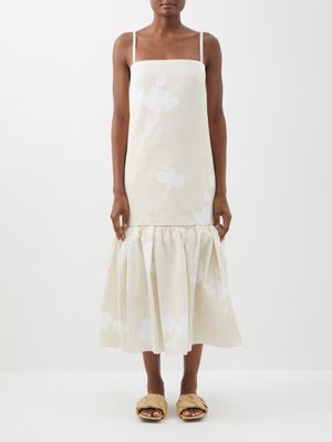 Another Tomorrow - Floral Gathered Flounce-hem Organic-cotton Dress - Womens - Khaki Multi