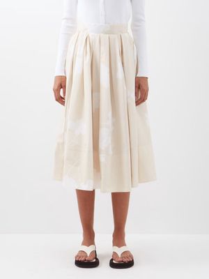 Another Tomorrow - Floral-print Organic Cotton-poplin Midi Skirt - Womens - Beige