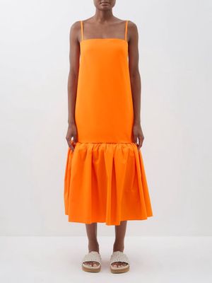 Another Tomorrow - Gathered Flounce-hem Organic-cotton Dress - Womens - Orange