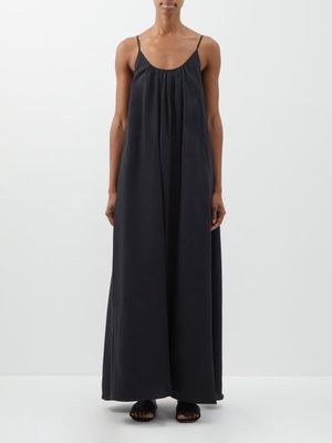 Another Tomorrow - Gathered Organic-linen Cambric Maxi Dress - Womens - Black