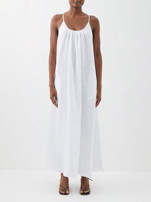 Another Tomorrow - Gathered Scoop-back Organic-linen Dress - Womens - White
