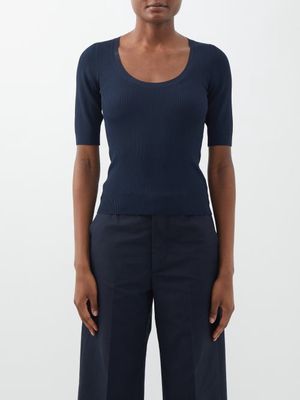 Another Tomorrow - Scoop-neck Ribbed T-shirt - Womens - Navy