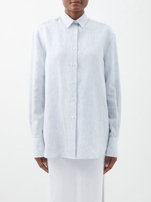Another Tomorrow - Striped Linen Shirt - Womens - Blue Stripe