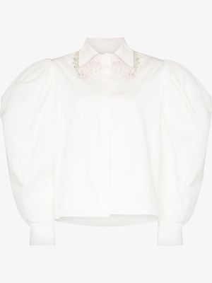 ANOUKI crystal-fringe puff-sleeve cotton shirt - White
