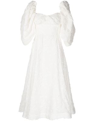 ANOUKI puff-sleeve floral-embroidered midi dress - White