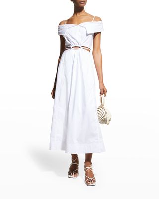 Ansley Poplin Off-The-Shoulder Cutout A-Line Midi Dress