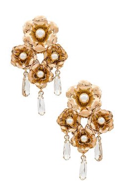 Anton Heunis Quadruple Rose Chandelier Earrings in Metallic Gold.