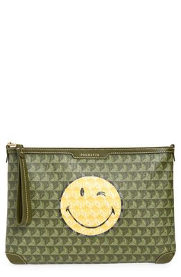 Anya Hindmarch SMILEY I am a Plastic Bag Wink Recycled Coated Canvas Zip Pouch in Fern/Olive