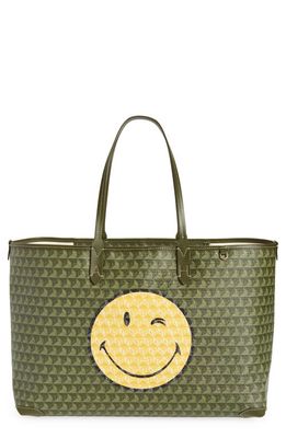 Anya Hindmarch x SMILEY I am a Plastic Bag Wink Recycled Coated Canvas Tote in Fern/Olive