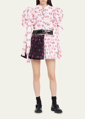 Apex Printed Puff-Sleeve Pleated Mini Dress