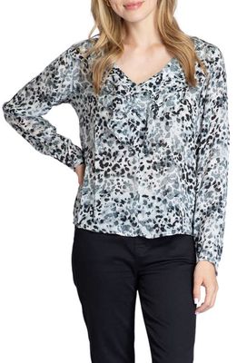 APNY Animal Print Ruffle V-Neck Chiffon Top in Black Multi