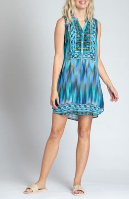 APNY Border Print Sleeveless Chiffon Shift Dress in Blue Multi