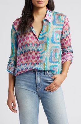 APNY Brushstroke Print Button-Up Shirt in Pink/Blue Multi