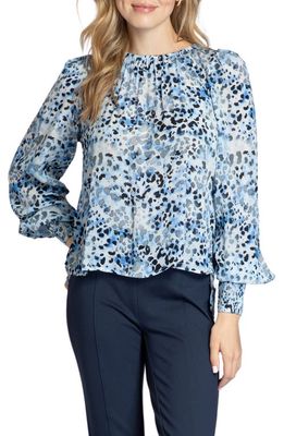 APNY Leopard Print Gathered Neck Chiffon Top in Blue Multi