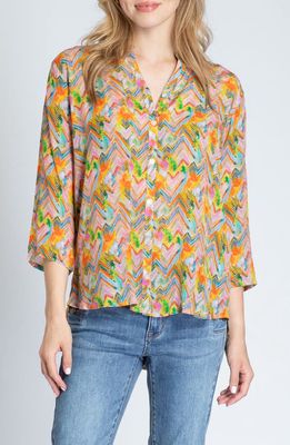 APNY Print Mandarin Collar Chiffon Button-Up Top in Orange Multi