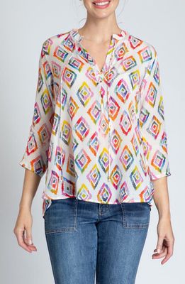 APNY Print Tassel Split Neck Chiffon Top in Pink Multi