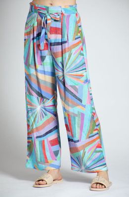 APNY Print Tie Waist Crop Wide Leg Pants in Blue Multi