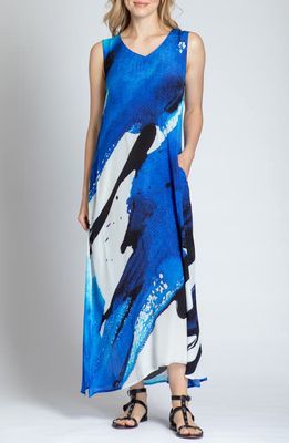 APNY Print V-Neck Sleeveless Chiffon Midi Dress in Blue Multi