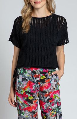 APNY Side Tie Short Sleeve Openwork Knit Top in Black