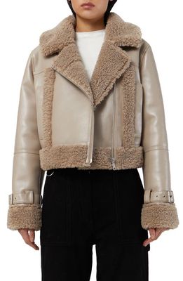 Apparis Jay Faux Leather & Faux Shearling Moto Jacket in Taupe