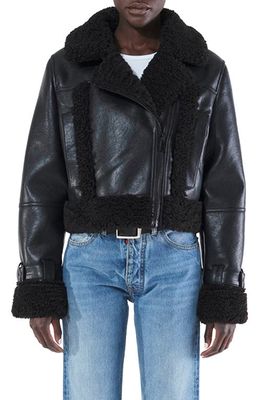Apparis Jay Faux Shearling Crop Moto Jacket in Noir