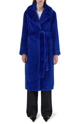 Apparis Mona Belted Faux Fur Coat in Varsity Blue