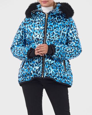 Apres-Ski Animal-Print Jacket w/ Detachable Lamb Shearling Hood Trim