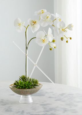 Aqua Rock Succulents & Orchid 19" Faux Floral Arrangement in Glass Bowl