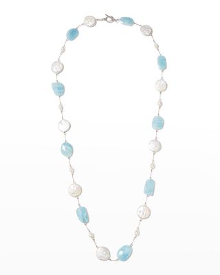 Aquamarine and Coin Pearl Long Necklace
