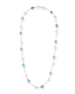 Aquamarine and Coin Pearl Necklace 35"